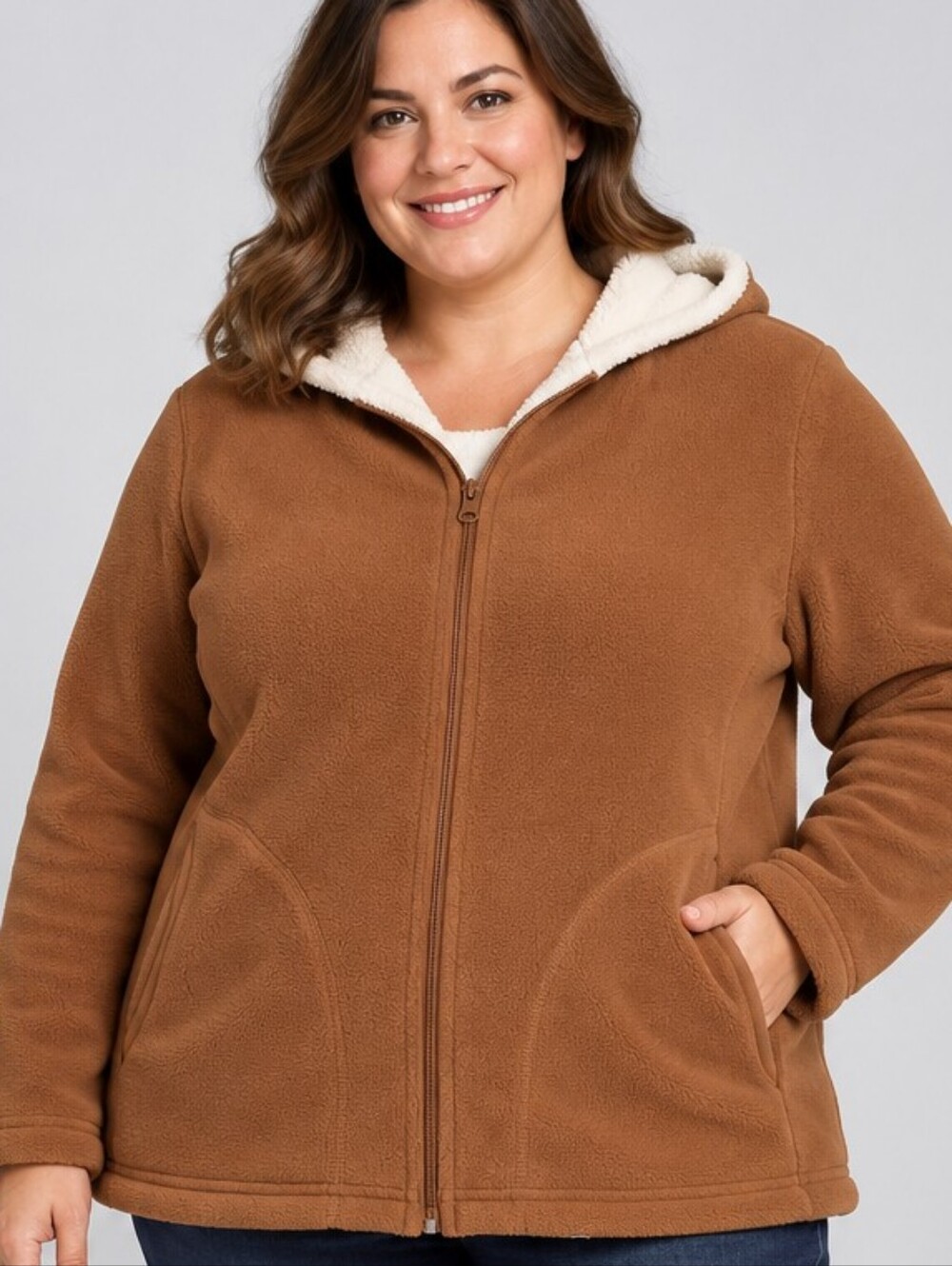 🥝Faded Glory Camel Sherpa-Lined Hooded Fleece Jacket – 1X (16W)